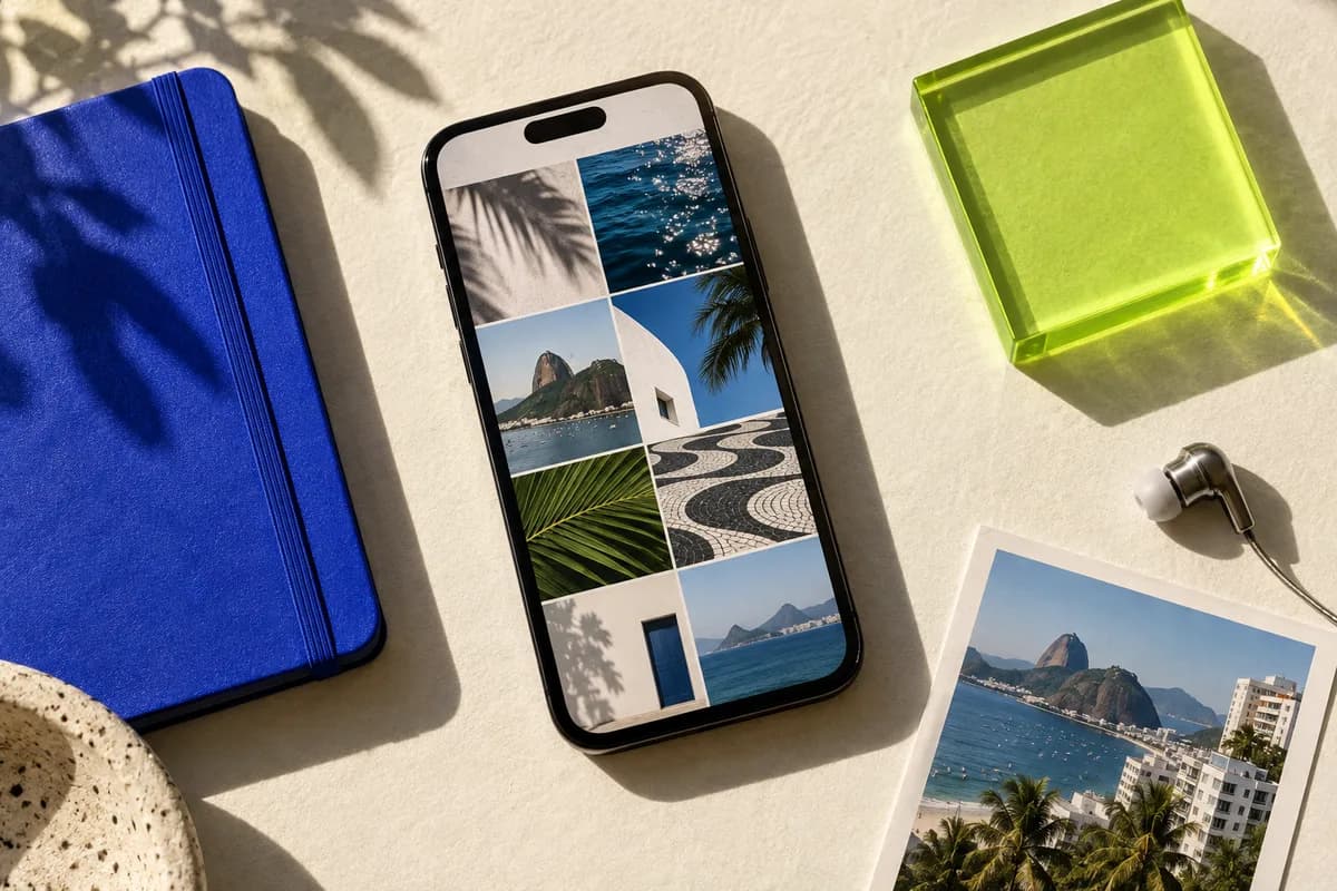 Composição ilustrativa com celular, fotografias e objetos nas cores da ZeroFlop